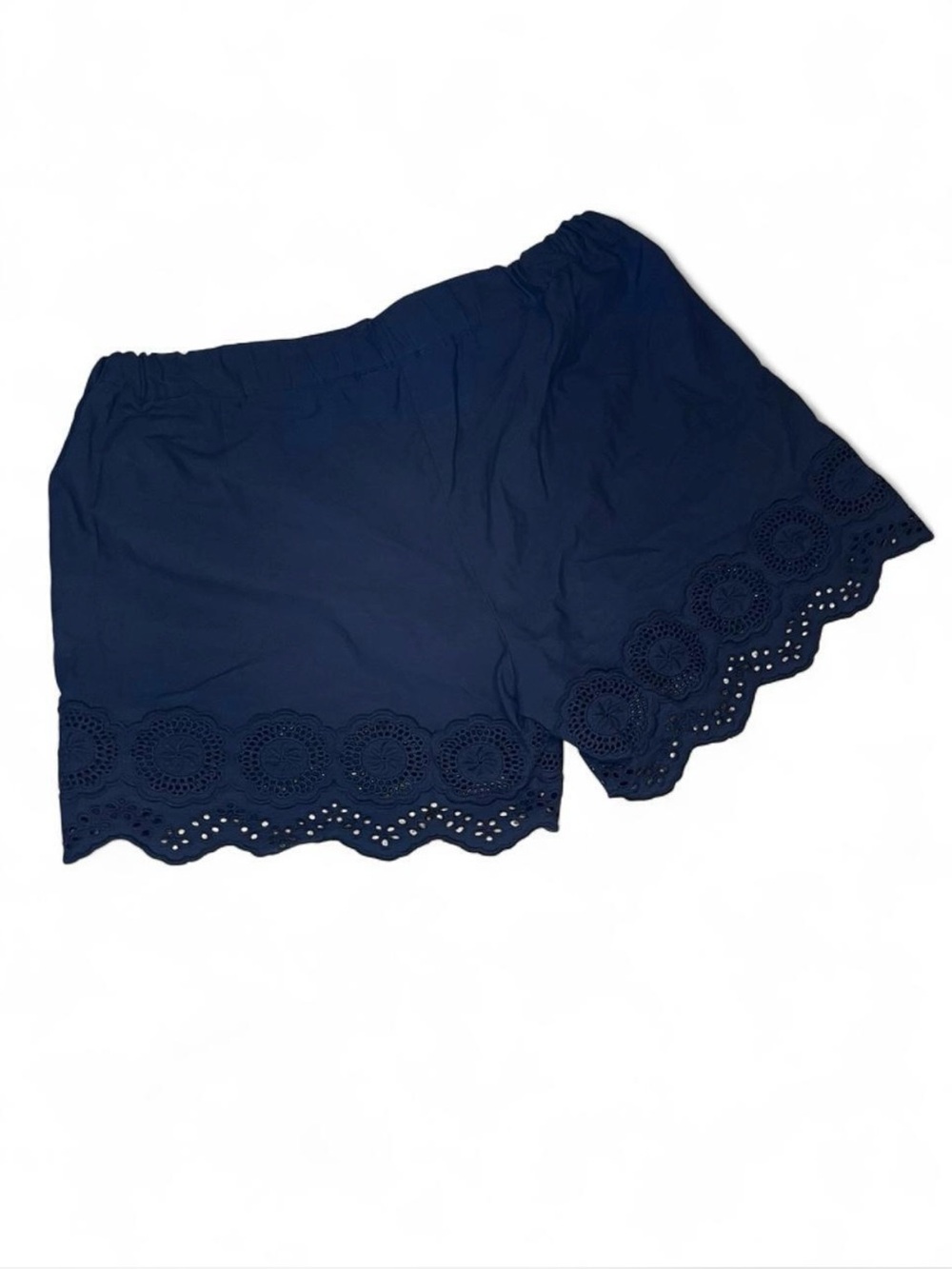 Navy Blue Embroidered Eyelet Lace Scalloped Hem Shorts with Pockets Size Small